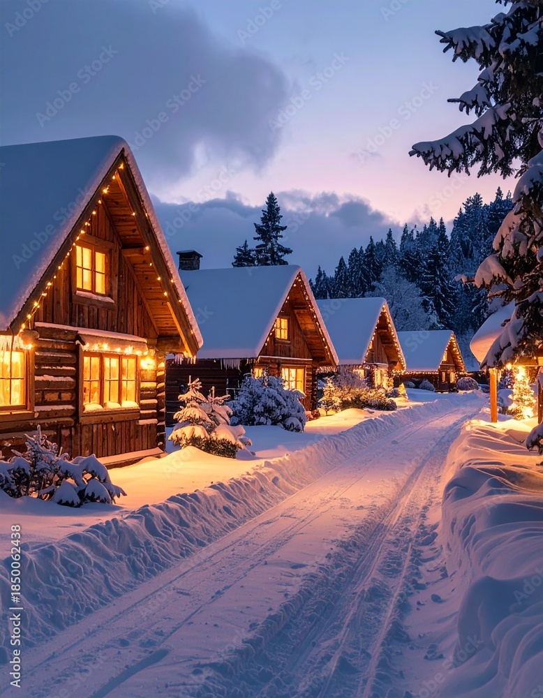 Fototapeta premium Cozy Cottages in a Winter Wonderland: As twilight descends, a serene village nestled amidst snow-covered trees, where warmly lit cottages line a snow-dusted road, exuding a sense of peace and warmth.
