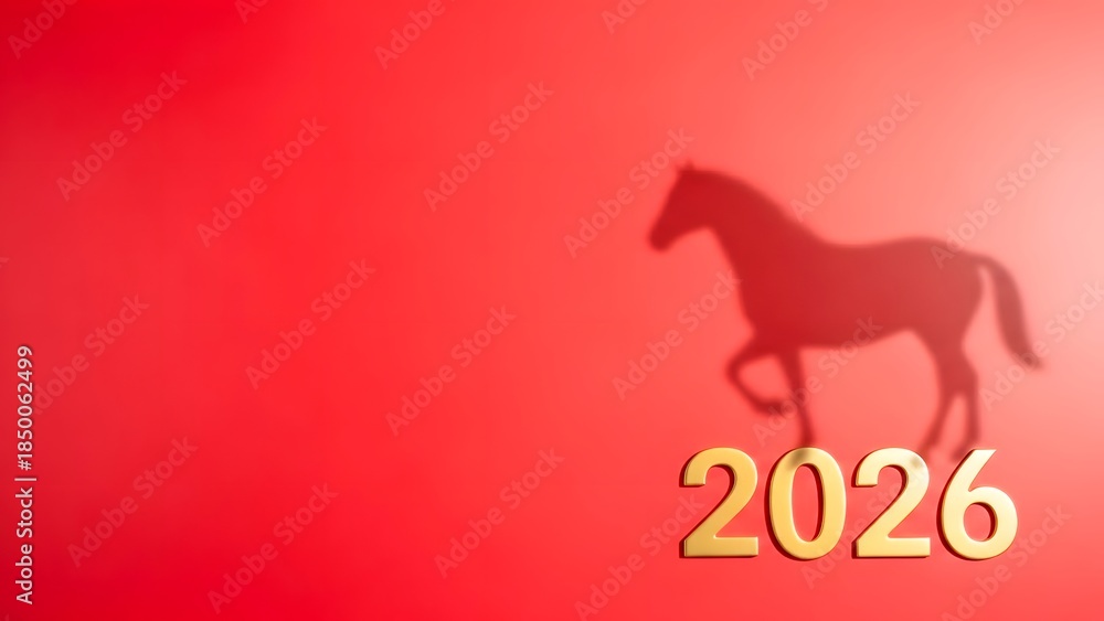 Fototapeta premium Horse Shadow with Golden 2026 Year on Vibrant Red Background