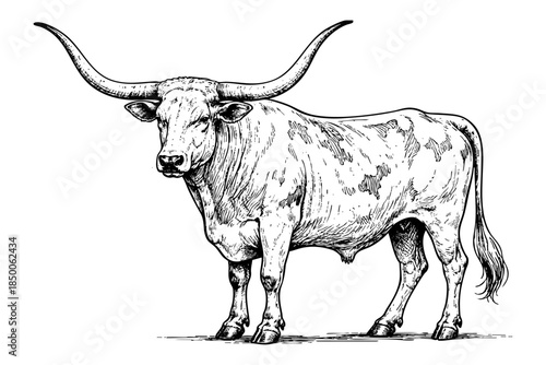 Texas Longhorn cattle full body illustration, farm animal isolated on transparent background, sketch line art vector