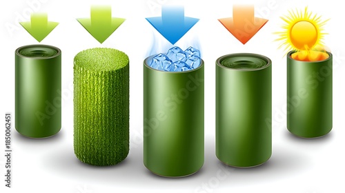 Illustration showing a series of cylinders being filled or transformed by various elements