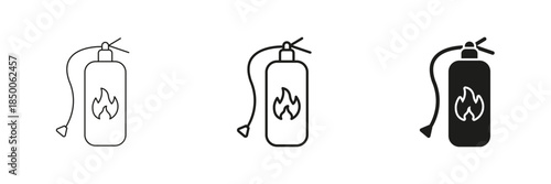 Fire Extinguisher With Flame Line And Solid Icon Set. Fire Safety, Emergency Response, And Firefighting Equipment Outline And Silhouette Symbol Collection. Isolated Vector Illustration