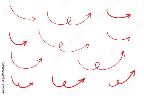 手書きのくるくる矢印セット 右向き 上向き 上昇 赤