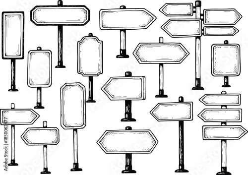 Collection of blank directional and informational signposts on white background