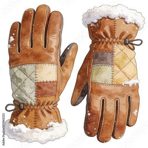 Warm brown leather gloves, intricately designed with patches and a soft, fluffy lining, perfect for embracing the chill.