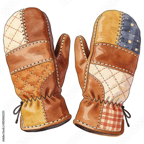 A pair of beautifully crafted, patchwork mittens, showcasing a blend of textures and colors, evoke the warmth and charm of a cozy winter.