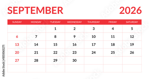 September 2026 calendar grid with red accents date