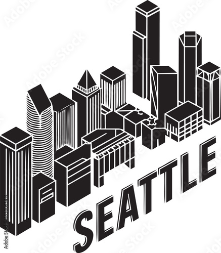 Isometric Seattle skyline featuring iconic skyscrapers and buildings in black and white with transparent background
