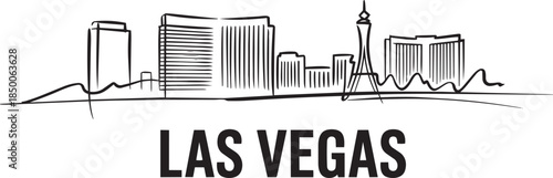 Las vegas skyline vector illustration outline drawing with city name, famous buildings landmarks