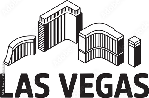 Las vegas skyline isometric illustration with text, black outline buildings on transparent background