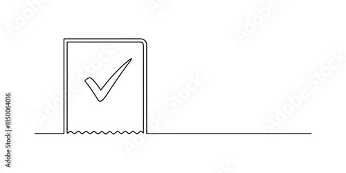 Continuous one line of a ticket receipt with check mark, representing successful ticket transaction, hand drawn vector illustration.