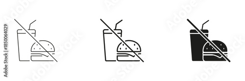 No Fast Food And Drink Line And Solid Icon Set. Healthy Eating, Dieting, And Nutrition Awareness Outline And Silhouette Symbol Collection. Junk Food Restriction. Isolated Vector Illustration