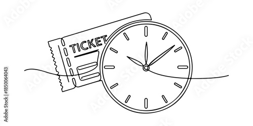 Continuous one line of a ticket and clock combined, representing time-saving ticket purchase, hand drawn vector illustration.