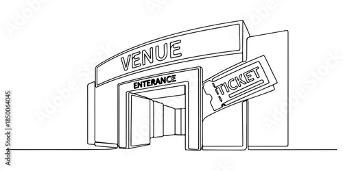 Continuous one line of a venue entrance with ticket symbol, representing event access ticketing service, hand drawn vector illustration.