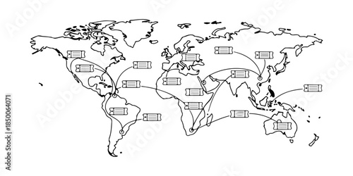 Continuous one line of a global map connected by ticket icons, representing worldwide ticket distribution, hand drawn vector illustration.