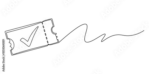 Continuous one line of a ticket with check mark, representing reliable ticketing service,hand drawn vector illustration.