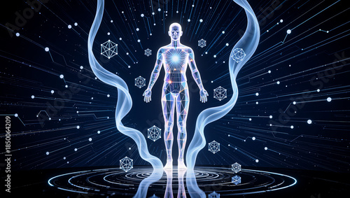 Human figure in glowing energy and geometric shapes