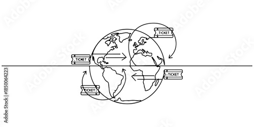 Continuous one line of a globe with ticket icons and arrows, representing international ticketing service, hand drawn vector illustration.