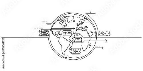 Continuous one line of a globe with ticket icons and arrows, representing international ticketing service, hand drawn vector illustration.