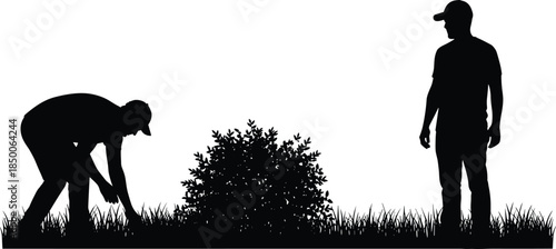 Farmers working together silhouette showing agriculture teamwork, planting activity, rural labor, sustainable farming lifestyle isolated on white background