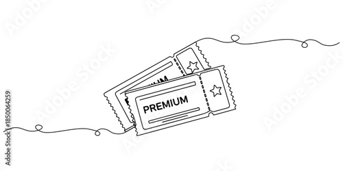 Continuous one line of a pair of tickets with star symbol, representing premium ticketing service, hand drawn vector illustration.