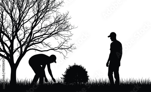 Farmers working outdoors silhouette illustration showing agriculture labor, planting activity, teamwork, rural farming life under tree isolated background