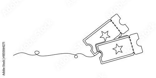 Continuous one line of a pair of tickets with star symbol, representing premium ticketing service, hand drawn vector illustration.