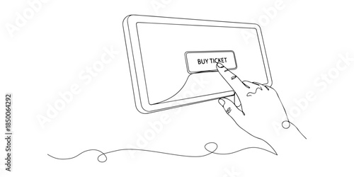 Continuous one line of a pair of hands tapping a buy ticket button on screen, representing online ticket booking service, hand drawn vector illustration.