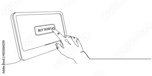 Continuous one line of a pair of hands tapping a buy ticket button on screen, representing online ticket booking service, hand drawn vector illustration.
