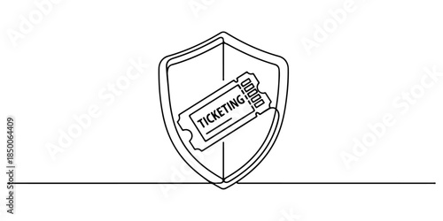 Continuous one line of a shield wrapping a ticket icon, representing secure ticketing service, hand drawn vector illustration.