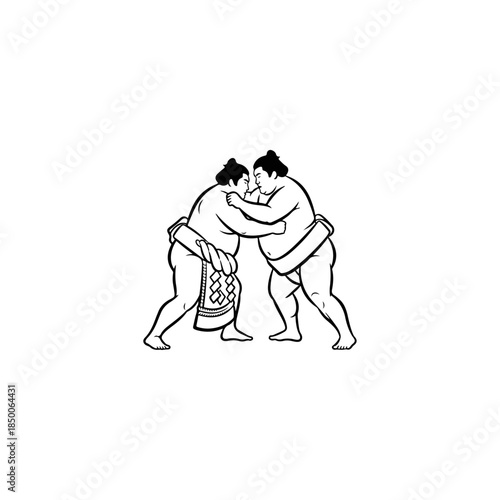 Two Sumo Wrestlers Locked in Combat, Intense Struggle of Strength and Technique in a Traditional Japanese Sport Illustration