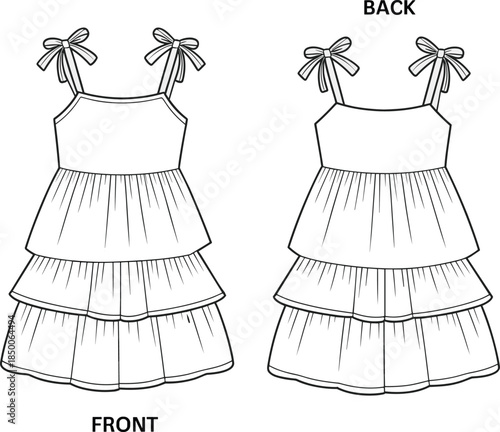 Girls summer dress technical fashion sketch showing front and back views, sleeveless layered frock design, apparel illustration isolated