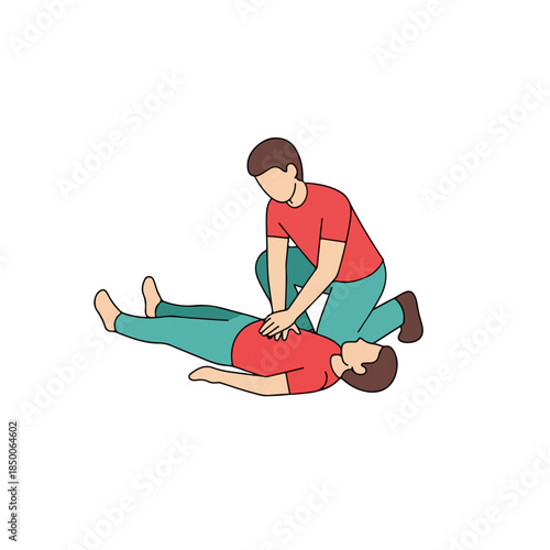 First Aid CPR Rescue Breathing Training Illustration Demonstrating Chest Compressions on a Person Lying Down