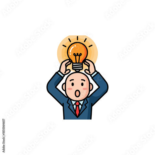 Surprised Businessman Holding a Glowing Light Bulb Above His Head, Representing a Brilliant Idea or Sudden Insight