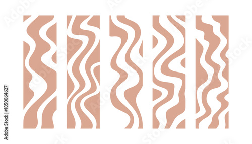Five abstract cream lines on coral purple orange green and pink backgrounds