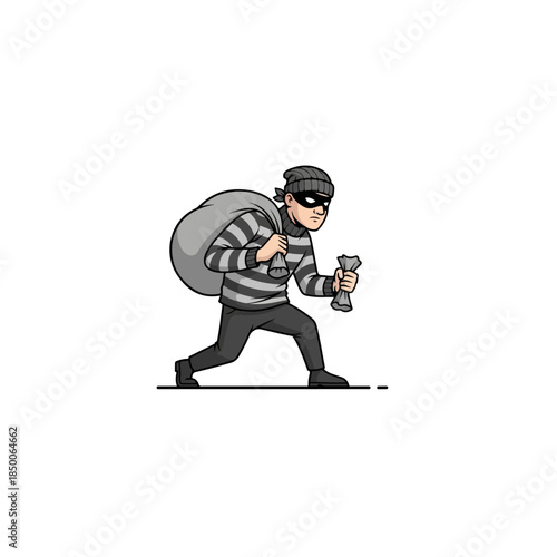Cartoon burglar with backpack and mask illustration.