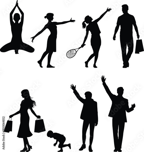 People lifestyle activity silhouettes collection showing daily actions, leisure, shopping, sports, family moments, celebration gestures isolated on white background
