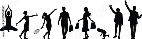 People activity silhouettes set illustrating daily life moments, leisure, shopping, sports, family interaction, celebration gestures isolated on white background