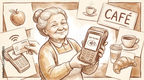 Elderly Woman Using Contactless Payment in Caf?