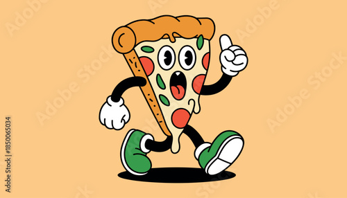 Cartoon slice of pizza with arms and legs walking and pointing up on a peach background character