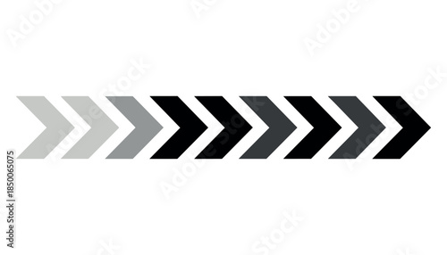 Chevron arrows pointing right in a gradient of light grey to black on a white background direction forward