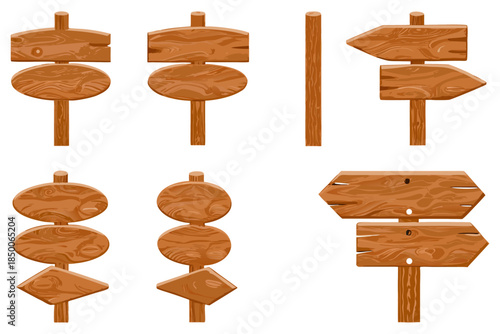 Cartoon wilderness direction signs, wood cracks and bite marks, soft edge lighting