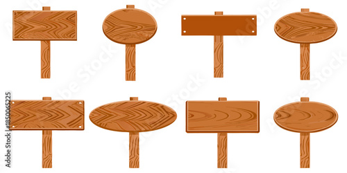 Cartoon wooden signboard set, flat vector style, warm orange-brown wood, visible wood grain, rounded edges, isolated on white background, no text