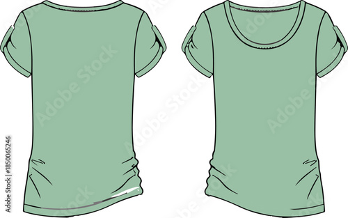 Women casual t shirt technical fashion sketch showing front and back views, short sleeve top design, apparel illustration isolated