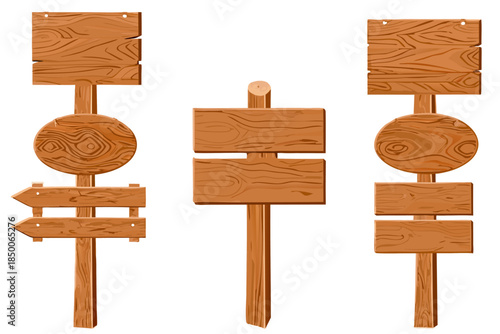 Flat cartoon wooden signpost set, tree bark texture on posts, smooth plank surfaces, no text