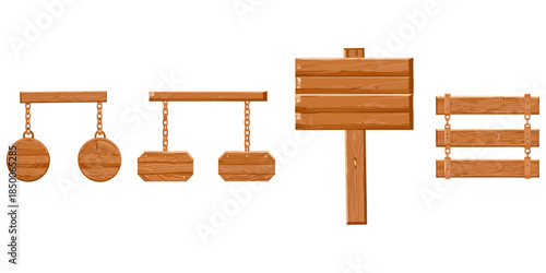 Flat game asset wooden signs, screw-mounted planks, consistent lighting, isolated objects