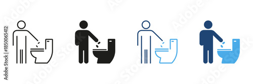Person Disposing litter In Toilet Line And Solid Icon Set. Garbage Disposal, Environmental Protection, And Waste Management Outline And Silhouette Symbol. Isolated Vector Illustration