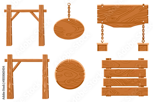 Rustic wooden billboard set, blank wood textures, rounded wood edges, clean backdrop