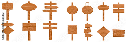 Rustic wooden direction signs collection, hand-drawn look, soft highlights, smooth shadows, white background, clipart pack