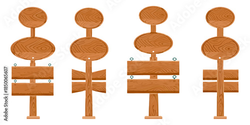 Wooden notice board set, cartoon UI style, rounded and rectangular shapes, aligned rows