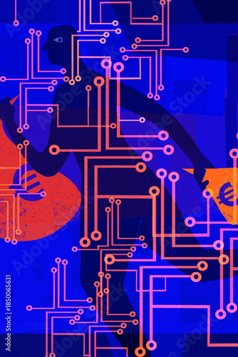 Computer hacker with euro money bags